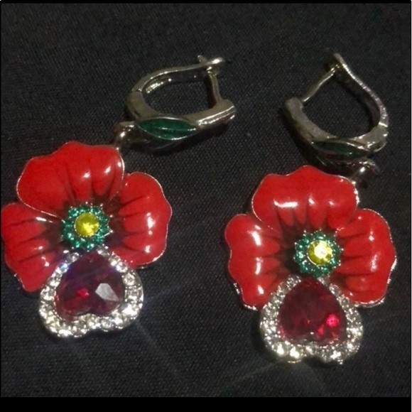 Floral Enamel Pendant Necklace set Red Zircon Silver Chain Dangle Earrings - Picture 3 of 11